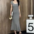 【Simeda】Summer French Style Slim-Fit round Neck Western Style Pure Style Long Dress Waist-Tight Elegant Slimming Sheath Dress.