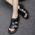 Summer Men's Sandals Leather Roman Sandals Korean Version British Leather Sandals Sandals Summer Casual Shoes Black Brown.