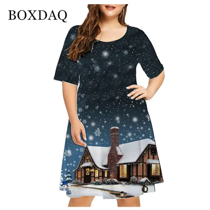 6XL%20Plus%20Size%20Women%20Clothing%20Red%20Christmas%20Elk%20Fashion%20Funny%20Cute%20Short%20Sleeve%20Print%20Dress%20X-Mas%20Snowman%20Snowflake%20Loose%20Dresses%20-%20Image%207