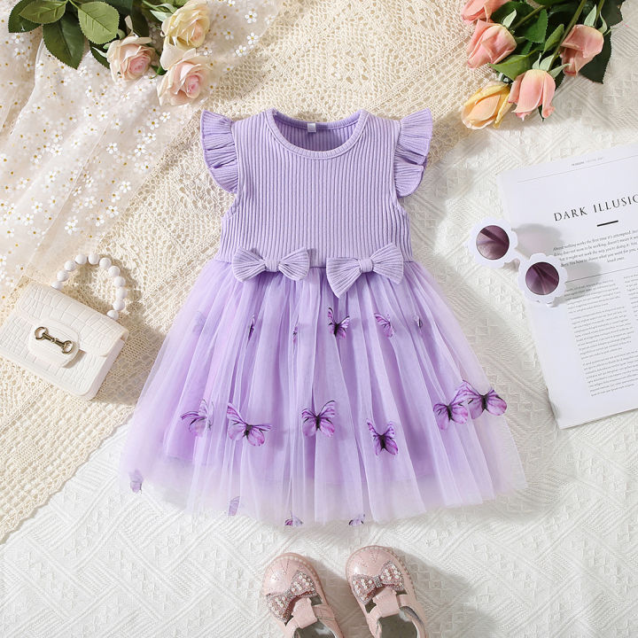 【Prime deal】 Summer New Baby Girls Dress Small Flying Sleeve Round Neck Butterfly Pattern Mesh Dress Sweet Princess Dress Birthday Party Team Dress