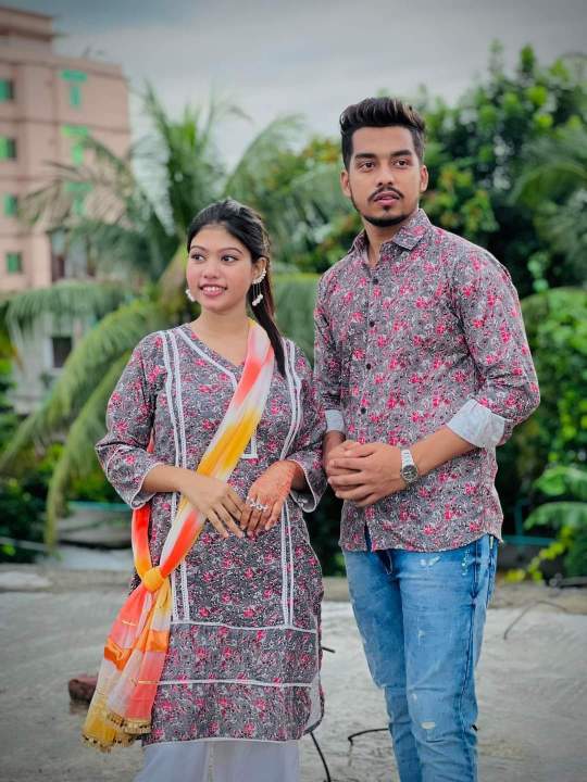 Ready Made Slab Cotton Viral Couple Set Matching Dress Traditionally Dress Fashionable Long Salwar Kameez Full Sleves Shirt For Stylish Woman Man 2pis