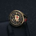 European and American New Hiphop Men's Titanium Steel Gold Plated Ring Vintage Templar Red Cross Shield Ring. 