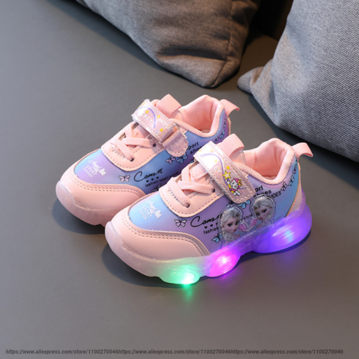 Disney Frozen Elsa Mesh Sneakers Kids Shos Summer Autumn Led Children  Luminous Girls Light Baby Sneaker Sports Shoes Size 22-31