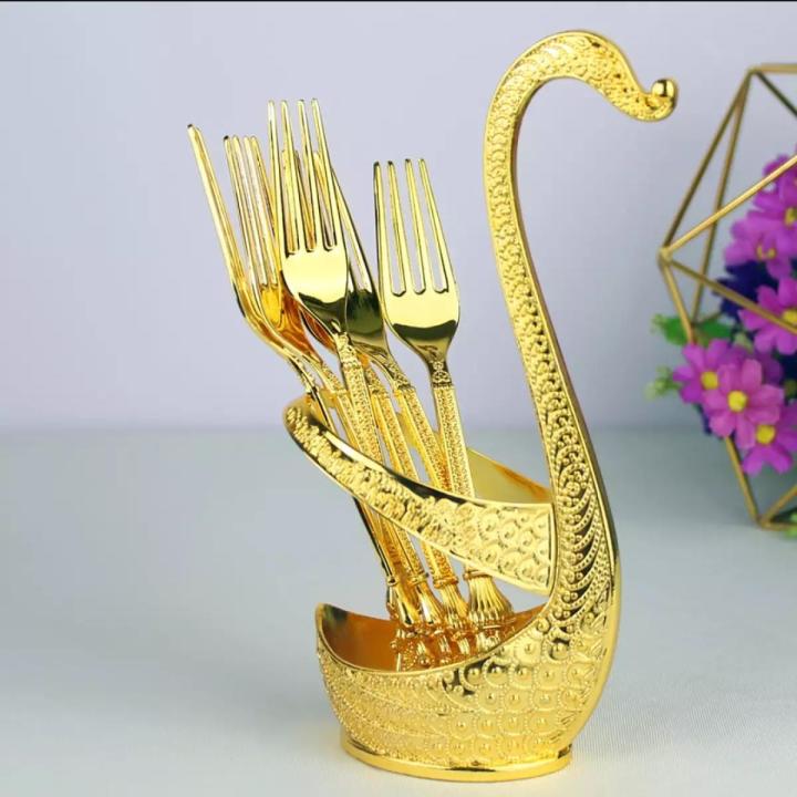 Spoon Set With Swan Stand - Gold And Silver - Chopsticks