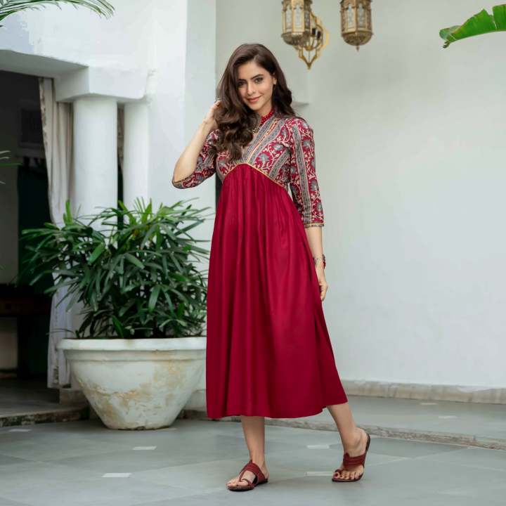 Maroon%20V%20Neck%20Gathered%20Dress%20(%20Full%20Stitch%20Dress%20)%20k49%20-%20Image%207