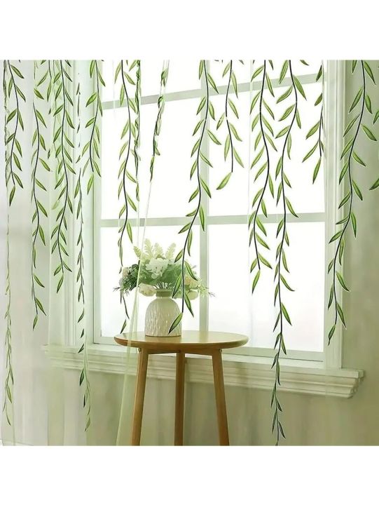 Two Instagram-inspired, forest-themed willow branch curtains with willow leaf pattern, finished window sheers with printed wee