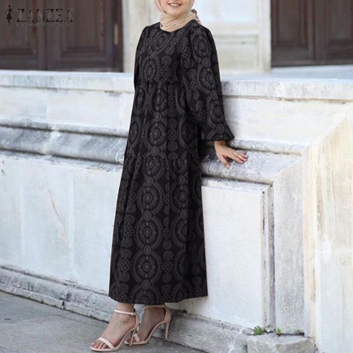 ZANZEA Muslimah Wanita Muslim Dubai Abaya Kaftan Lengan Panjang Krew Leher Maxi Baju Pakaian