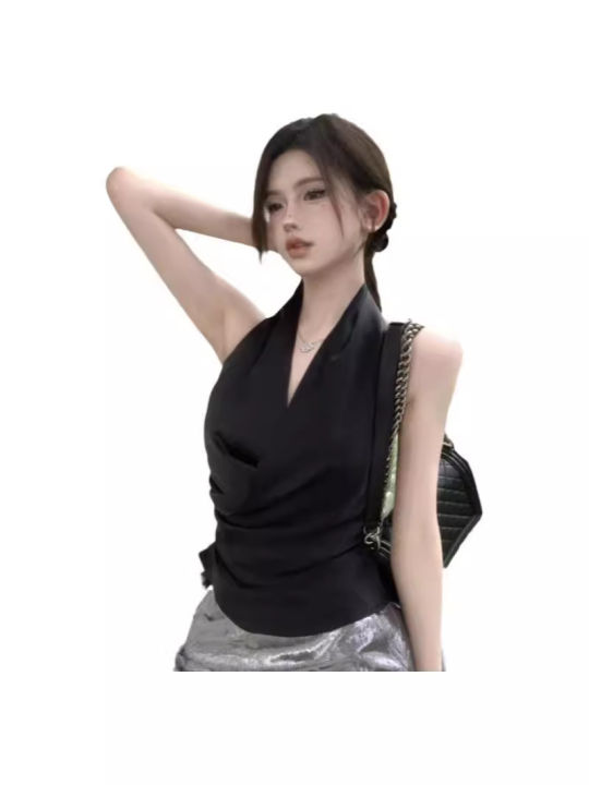 Elegant%20Adult%20Lady%20like%20Woman%20Style%20Halter%20v%20Collar%20Cross%20Sling%20T%20T-shirt%202024%20Summer%20New%20Korean%20Style%20Sexy%20Backless%20Sleeveless%20Top%20-%20Image%205