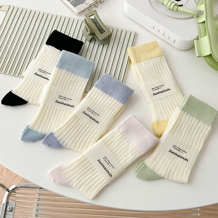 suxinaimin Spring and Summer New Socks Women's Japanese Style Mid-Calf High Length Cotton Socks Versatile Contrast Color Thin Bunching Socks