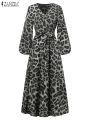 Printed Robe Dress Party Ve Fashion Maxi Dress Vintage Women's Long Sleeve Leopard Print Dress ZANZEA Fall Slip Dress stidos Women's V-Neck. 