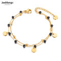 JeeMango Bohemia Titanium Stainless Steel Double Layer Bracelet For Women Original Design Black Crystal Chain Jewelry JB21117. 