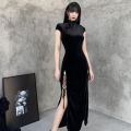 Gothic Women Dress Cheongsam Chinese Style Long Dresses Vintage Velvet Long Sleeve Side Split Lace Up Women Goth 2021.