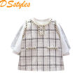 DSstyles Baby Girls Dress Set Casual Long Puff Sleeves T-shirt Plaid Knitted Tank Dress With Pearl Button Trim Outfit For Kids Toddler Girls Gifts.