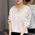 2023 Summer New off-the-Shoulder Shirt Large Size Women's Loose Korean Style Hollow Top Shirt Lace Bottoming Shirt. 