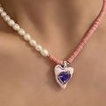 PUSHY French-style Unique Design Pearl Beaded Enamel Heart Necklace Colorful Zirconia Finger Ring Personalized Jewelry Set. 