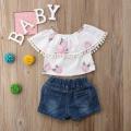 Baby Girl Floral Tassel Tops Denim Shorts Pants Jeans Summer 2Pcs Sets Sunsuit.