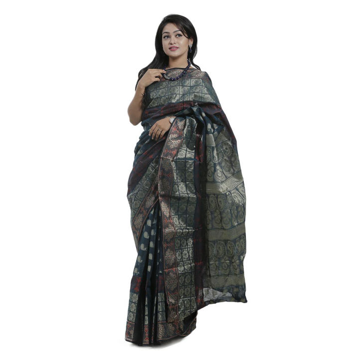 Navy Blue Tangail Half Silk Saree
