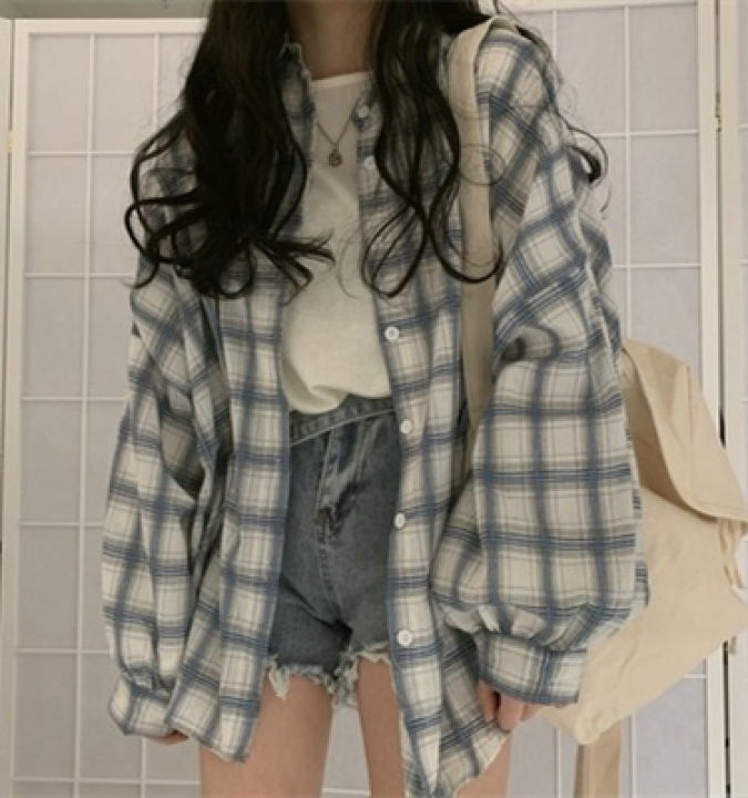 2021%20Plaid%20Shirt%20Women's%20Loose%20Korean-Style%20Mid-Length%20Retro%20Hong%20Kong%20Style%20All-Matching%20bf%20Long%20Sleeve%20Sun%20Protection%20ins%20Fashionable%20Coat%20-%20Image%206