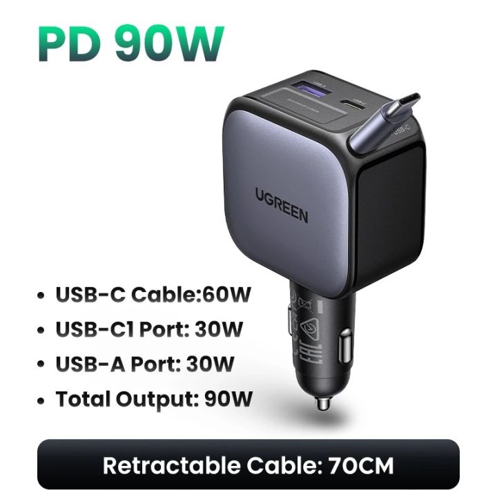 UGREEN%20145W%2090W%2060W%20Car%20Charger%203%20USB-C%20&%201%20USB-A%20Ports%20PD%20QC4.0%20Fast%20Charging%20with%20Retractable%20Cable%20for%20iPhone%2015%20Pro%20MacBook%20-%20Image%206