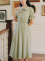 Gentle Retro Mori Style French Dress Girlish Style Summer New First Love Tight Waist Slim Fit Sweet Midi Dress. 