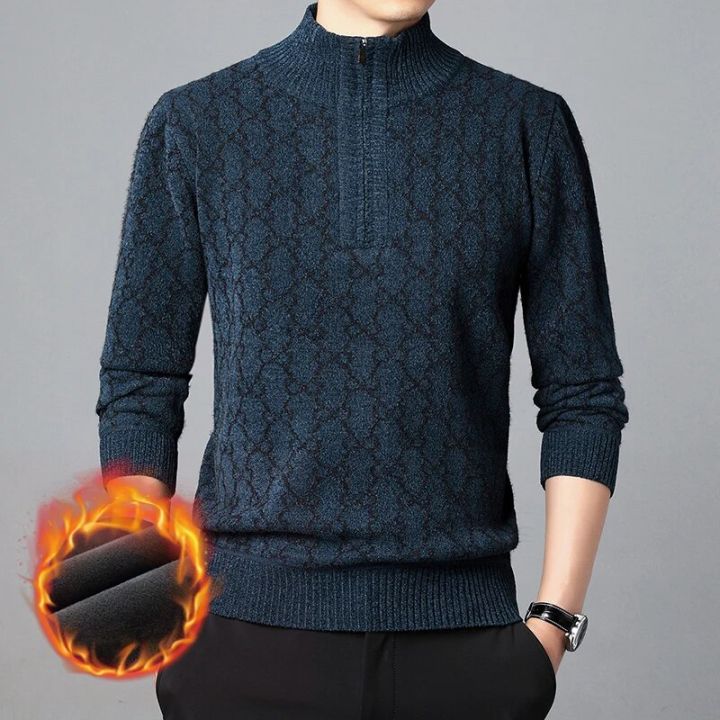 New%20Fashion%20Men's%20Fall%20Winter%20Snow%20Cloth%20Imitation%20Mink%20Velvet%20Half-zip%20Pullover%20Sweater%20Mens%20Half-turtleneck%20Plaid%20Knit%20Sweater%20-%20Image%203