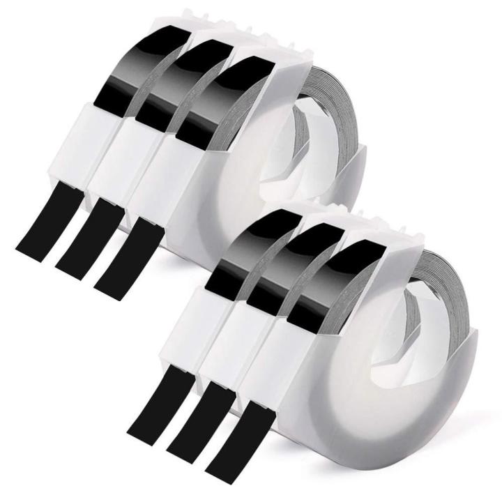 （New）6 Roll Emboing Label Tape 3D Platic White on Black 9mm x 3meter for Dymo Emboing Label Maker