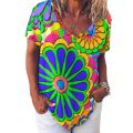 Women Colorful Flower T Shirts Bright Hippy Cartoon V Neck Street Wear Oversized T-shirt Girls Cute Tee Shirts Summer Clothing. 