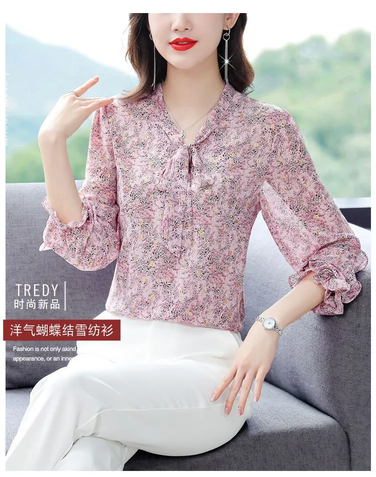 Early Spring Style Floral Chiffon Shirt Women's Spring New Ladies