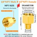 Brass Pipe Fitting Adapter 1/4" NPT Male to 1/2" NPT Female Reducer Connector. 