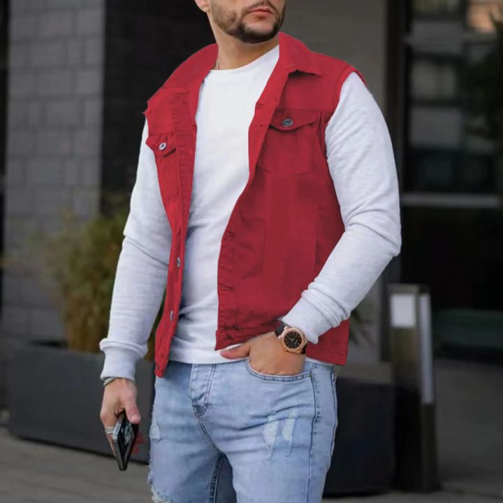 Mens Denim Jcket Vest Spring And Autumn Fashion Leisure High Street Edge Solid Color Buckle Turn Down Collar Slim Vest Coat 4