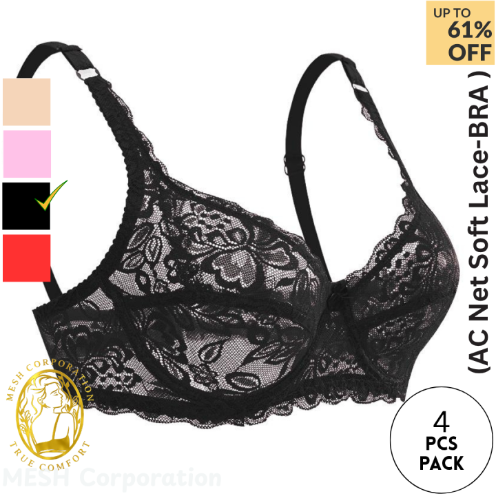 Women’s Comfort Fit Lace Bra – 4 Pcs Combo Pack | AC Net, Non-Padded ...