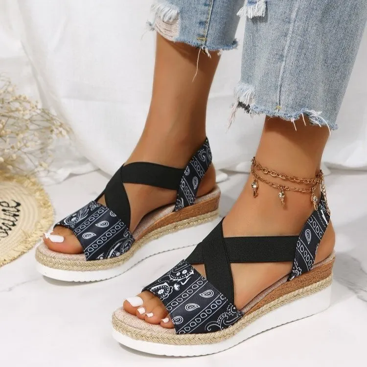 Summer new fish mouth bow buckle platform wedge sandals women's
