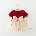 （NEW）Kids Outfit For Girls Summer Cute Pineapple Mesh Patchwork Short Sleeved Dress For Kids Girls Baby Girl Korean Version Bow Princess Dress With Bubble Sleeves(0-3 Years Old). 