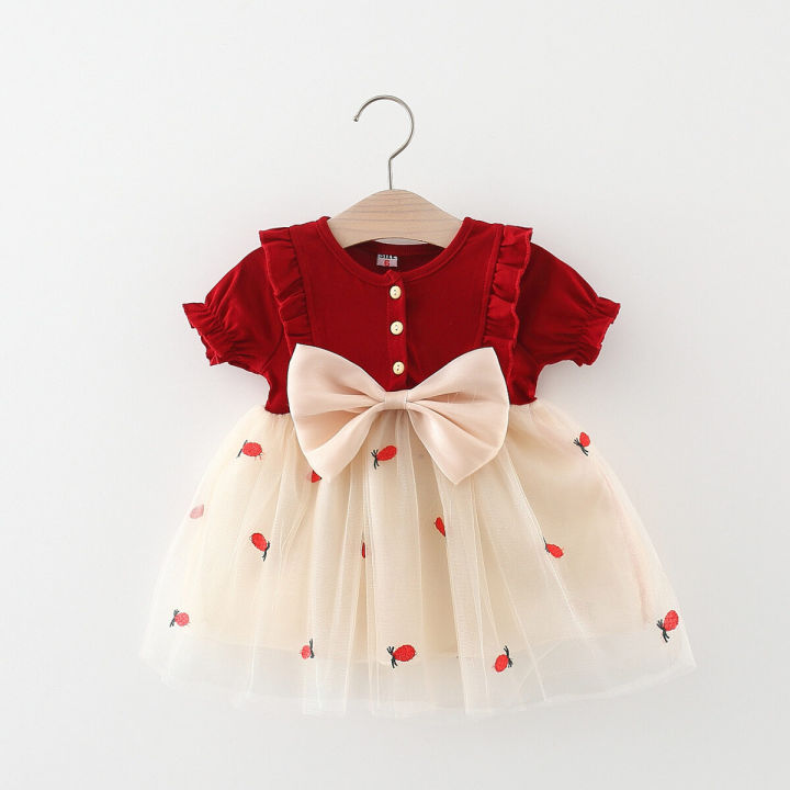 （NEW）Kids Outfit For Girls Summer Cute Pineapple Mesh Patchwork Short Sleeved Dress For Kids Girls Baby Girl Korean Version Bow Princess Dress With Bubble Sleeves(0-3 Years Old)