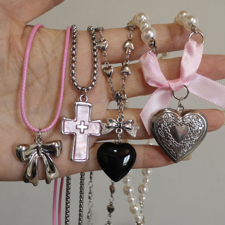 Goth Harajuku Cute Y2k Aesthetic Bow Knot Pendant Bead Snake Chain Rope Chain Necklace Girl Choker Cool 90s EMO Accessories