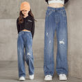 Girls denim wide-leg pants 2023 Internet celebrity loose foreign style straight pants torn trousers wear medium and big children's pants trend. 