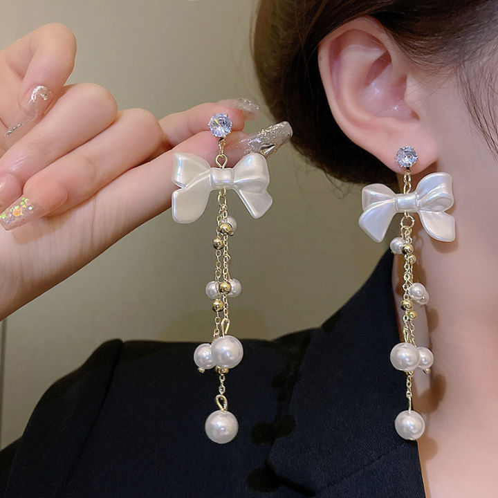 1Pair Korean Style Long Imitation Pearl Tassel Dangle Earrings For