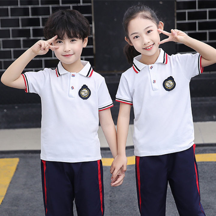 Kindergarten Uniform White Polo Shirt T-shirt Summer Elementary School Uniform Kids Short Sleeve T-Shirt Cotton Summer Dress