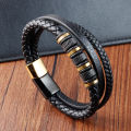 【Premium Quality】 Multilayer Hand Leather Bracelet Mens Vintage Jewelry Stainless Steel Magnetic Clasp Leather Bracelet Men. 