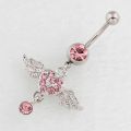Women Surgical Steel Navel Piercing Pink Color Crystal Heart Wing Belly Button Ring Dangle Personality Body Jewelry Accessories.