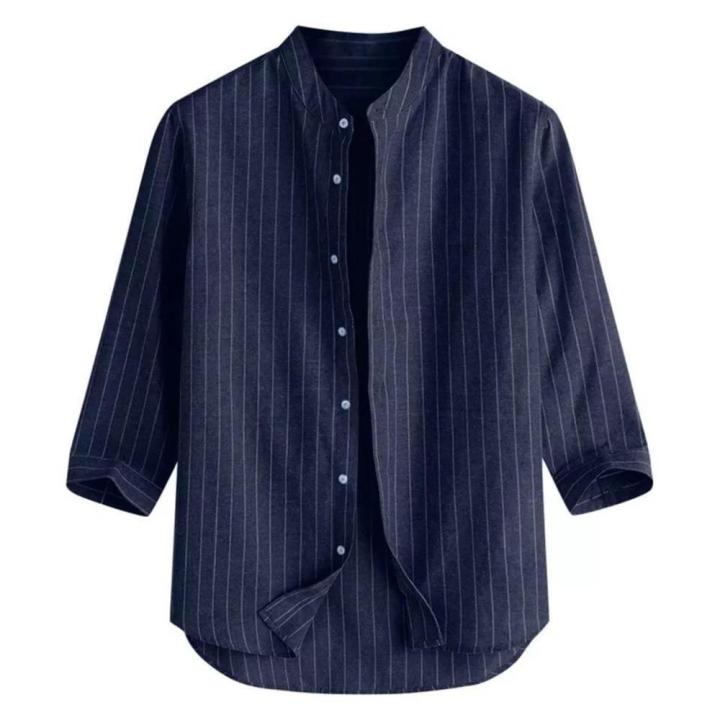 Pullover%20Style%20Men's%20Tops%20Soft%20Texture%203/4%20Sleeve%20Printed%20Design%20Striped%20Shirt%20Breathable%20Fabric%20Loose%20Fit%20Sleeve%20Shirt%20for%20%20Wear%20Streetwear%20%20Males%20Casual%20Outing%20Fashion%20Statement%20-%20Image%204