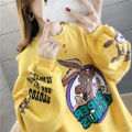 Autumn Winter Plus Velvet Casual Women Sweatshirt Harajuku Print Cartoon Big Bad Wolf Lady Clothes Lettersthin Pullover Female.