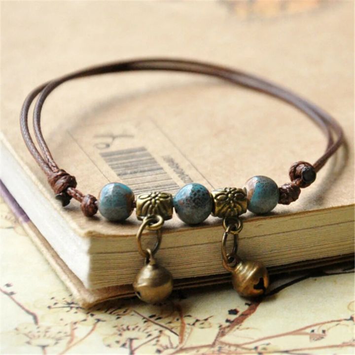 【beauty code store】Blue Ceramic Brown Rope Anklet Women Hand-Woven Beaded Anklets And Ethnic Style Girls Fashion Jewelry A463