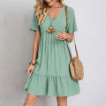 Summer Womens Short Sleeve Mini Dress Ladies Pleated Ruffle Solid Dresses Casual V Neck Vintage Loose Vestidos. 