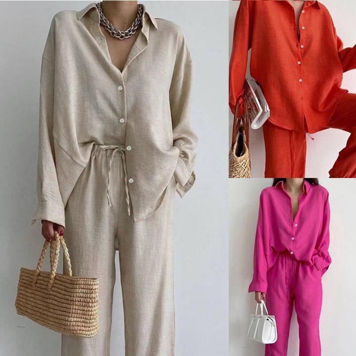 Premium Quality - Women Loose Shirt Pants Trousers Drawstring High Waist Casual Women' Set Lounge Pajamas - Couture - High-end
