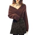 2023 Autumn and Winter New Korean Style Sexy Big V Collar off-the-Shoulder Top Woolen Pullover Sweater for Women.