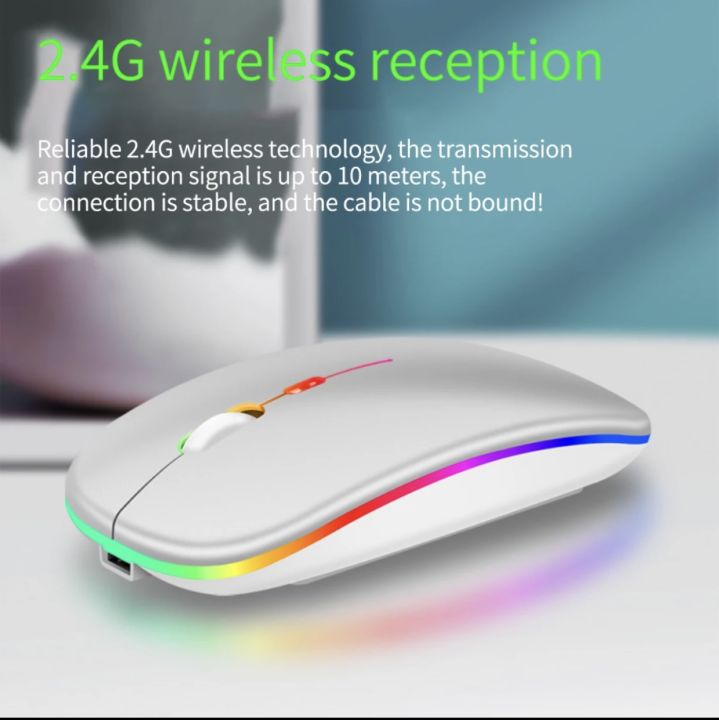 Rechargeable Dual-Mode ultra-thin Portable Wireless Mouse with LED Light, USB 2.4GHz and Bluetooth 5.2 Wireless mute Mouse, Suitable for Laptop Windows/Mac Systems- White