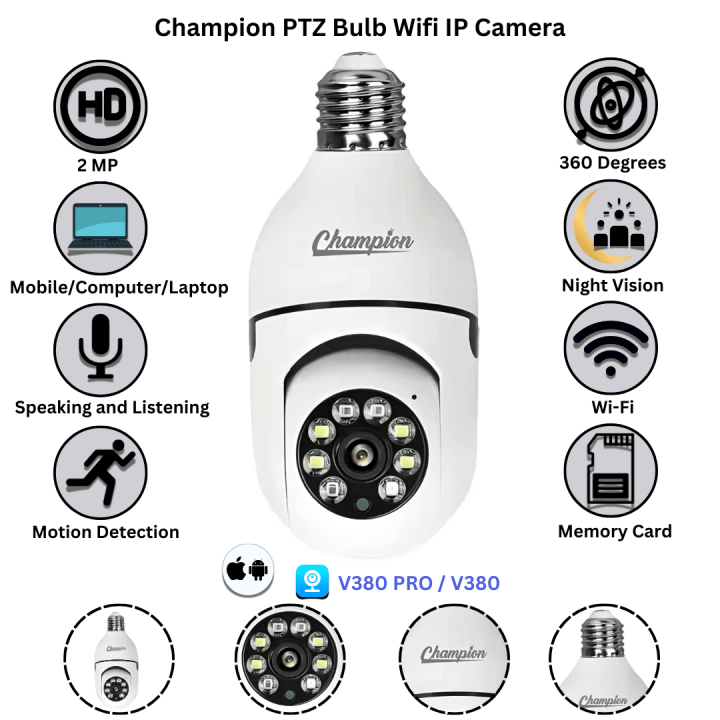 Champion Brand V380 PTZ 2MP Two Way Audio 1080P 360 Degree Rotation Micro SD 64GB Support Night Vision HD WIFI IP Camera