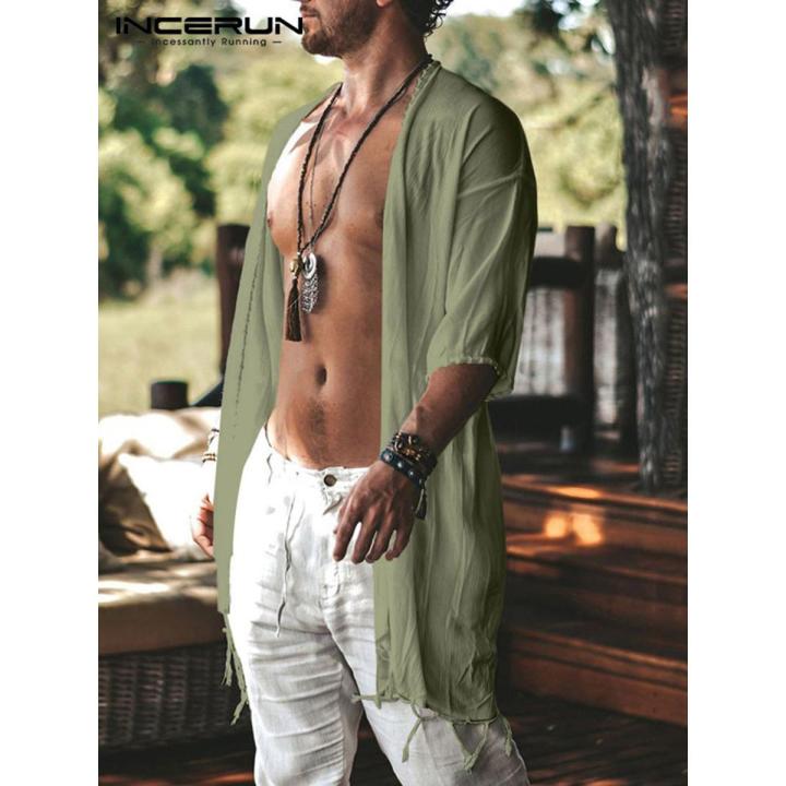 Fashion Men Shirt Tassel Open Stitch Short Sleeve Streetwear Long Style Cardigan 2023 Solid Color Casual Outerwear 5XL INCERUN