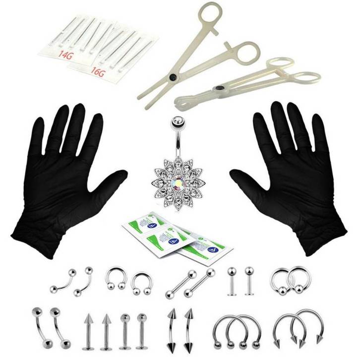 Body Piercing Kit Tool Sterile Nose Earrings Stud Belly Button Ring